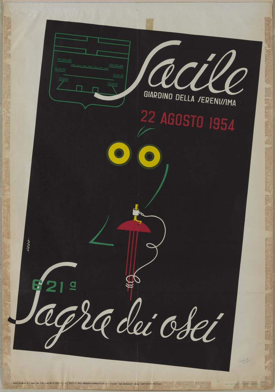 raffigurazione astratta di un uccellino legato con una catenella ad un posatoio e stemma di Sacile su fondo nero (manifesto) di Cosomati Aldo (sec. XX)