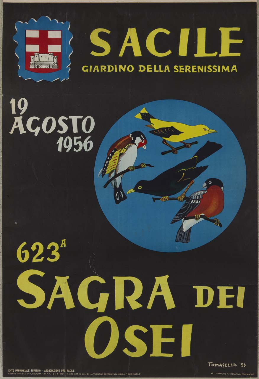 un cardellino, un merlo, un canarino ed un ciuffolotto entro un cerchio di colore azzurro, lo stemma della città di Sacile su fondo nero (manifesto) di Tomasella (sec. XX)