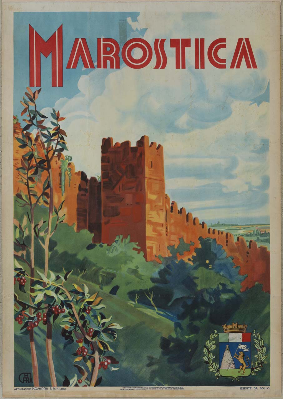 scorcio delle mura di Marostica, con la vegetazione circostante e lo stemma della città (manifesto) di Chiletto Francesco Raffaele detto Chifra - ambito italiano (sec. XX)