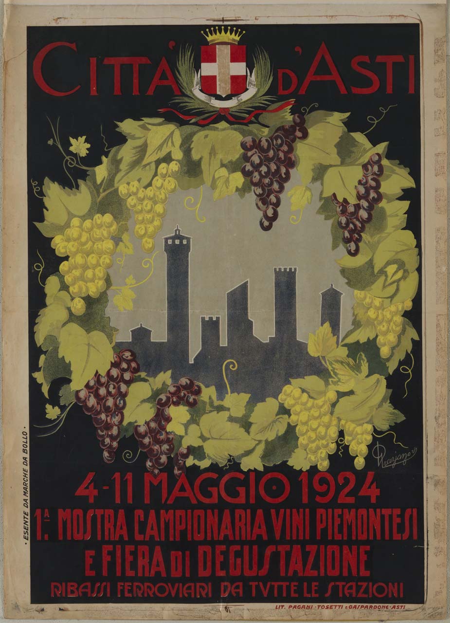torri del centro storico di Asti, incorniciate da grappoli d'uva bianca e rossa, foglie di vite e lo stemma della città (manifesto) di Graziano (sec. XX)