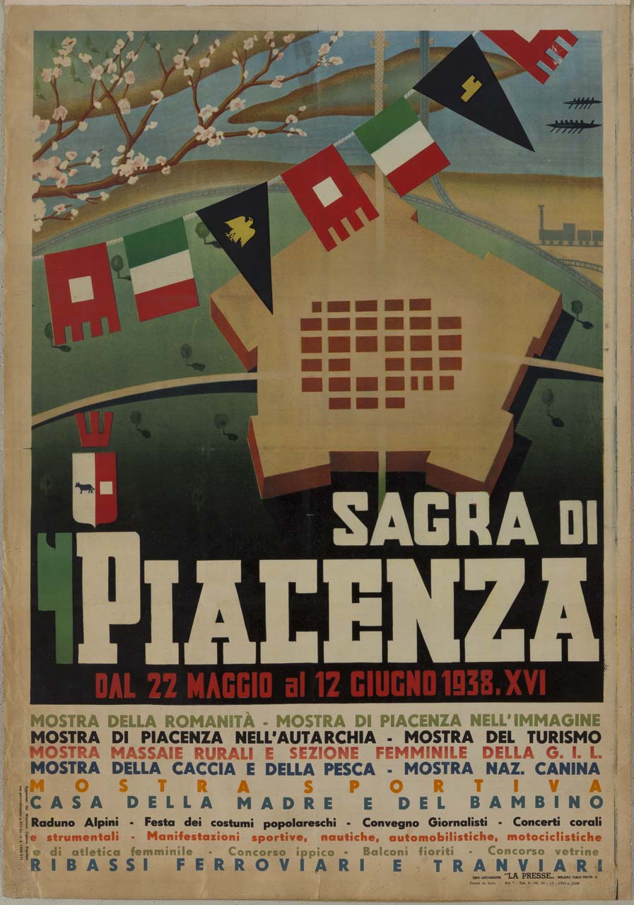 pianta della città di Piacenza, stemma della città, ramo di pesco in fiore e festone con bandiere italiane, nera con fascio littorio, nera con aquila romana, rossa con stemma della città, campagna, rotaie, treno ed isolotto Maggi sul Po (manifesto) - ambito italiano (sec. XX)