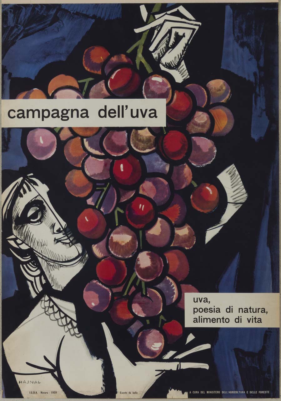 mezzobusto femminile in bianco e nero che sorregge un grappolo d'uva rossa su fondo blu e nero (manifesto) di Hajnal János detto Hajnal Giovanni (sec. XX)