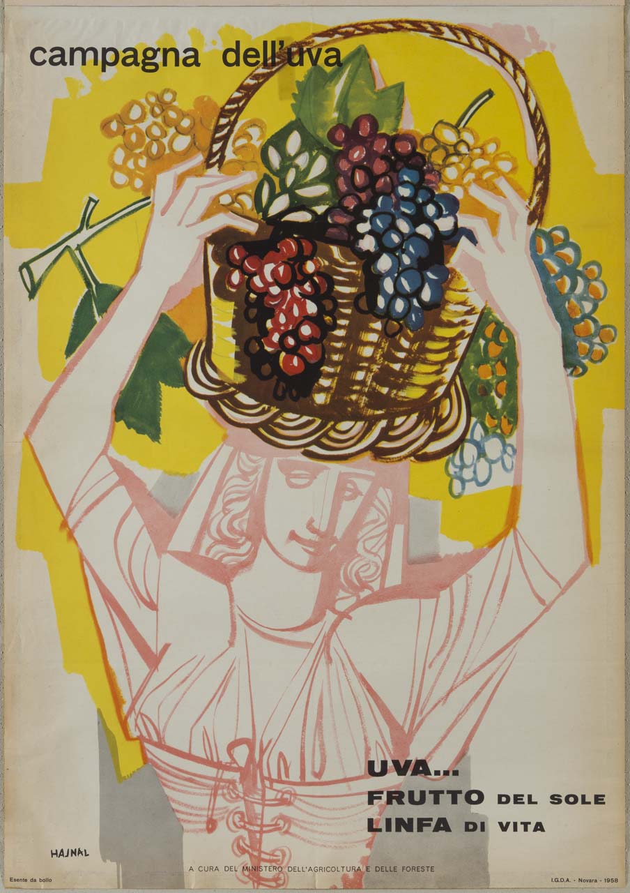 figura femminile con corpetto e copricapo in testa, sorregge un cesto di uva colorata su fondo rosa e giallo (manifesto) di Hajnal János detto Hajnal Giovanni (sec. XX)