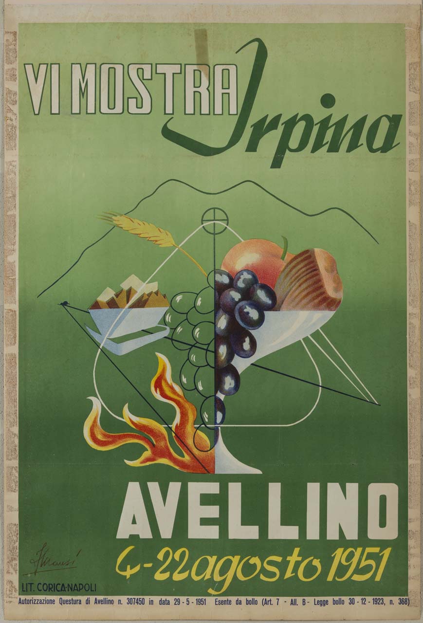 montagne irpine su fondo verde e in primo piano una coppa con uva, castagna e mela, una spiga di grano, lingue di fuoco, ed un carrello con della legna (manifesto) di Mausi F - ambito italiano (sec. XX)