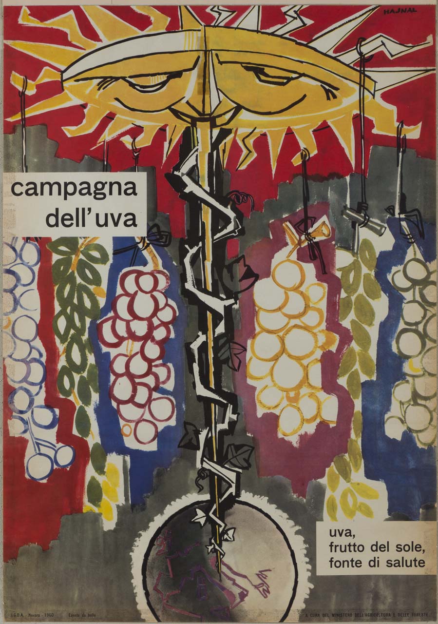 giostra con personificazione del sole ai cui raggi sono appesi dei grappoli d'uva, con vite attorcigliata al palo, che punta su un mappamondo e sull'Italia centrale (manifesto) di Hajnal János detto Hajnal Giovanni (sec. XX)