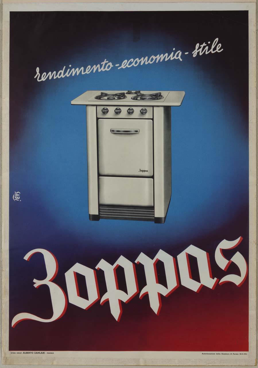 cucina economica a gas con tre fuochi e forno integrato su uno sfondo cromatico che sfuma dall'azzurro al rosso (manifesto) di Bidasio Degli Imberti Sandro detto Sabi (sec. XX)