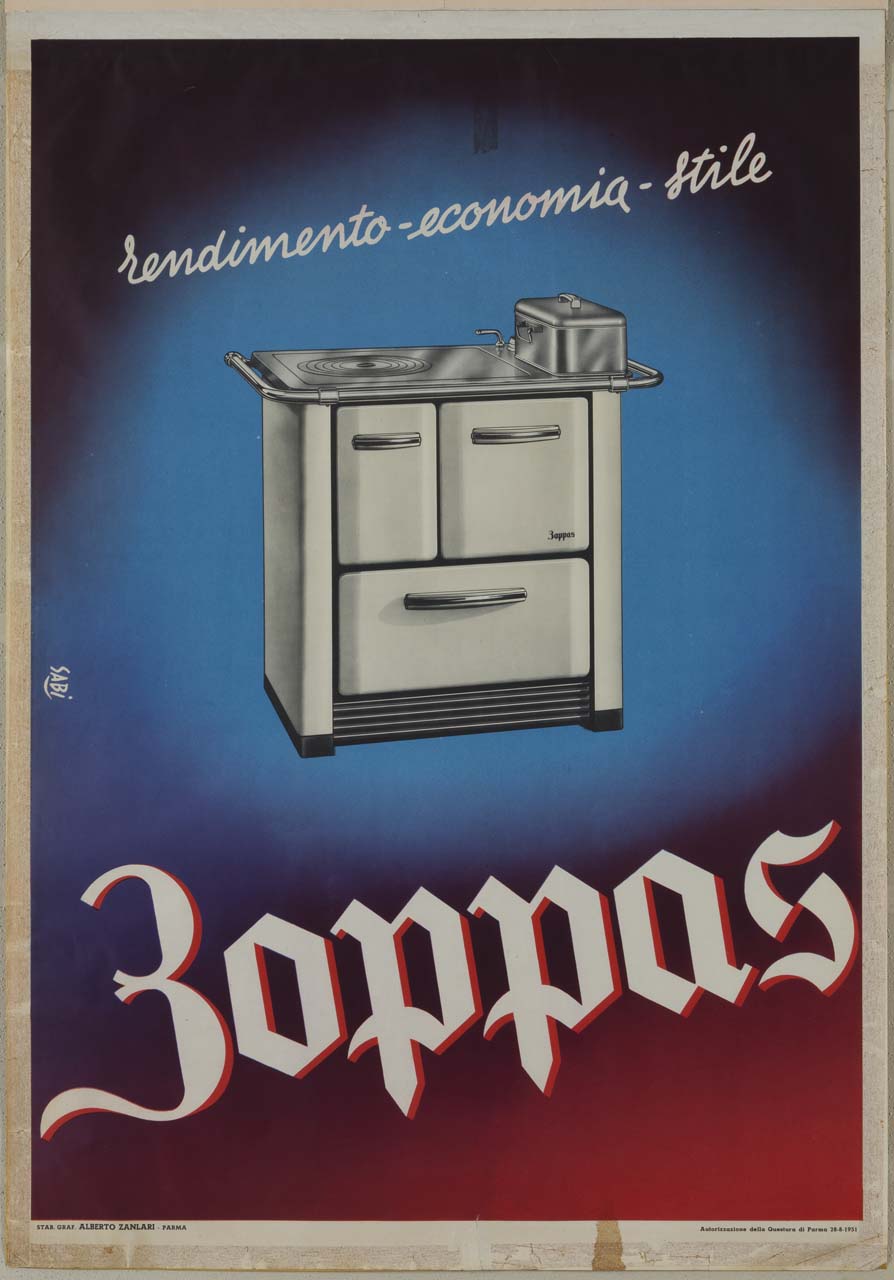 cucina economica a legna con forno integrato, maniglia paracalore, regolatore del calore e scaldavivande su uno sfondo cromatico che sfuma dall'azzurro al rosso (manifesto) di Bidasio Degli Imberti Sandro detto Sabi (sec. XX)