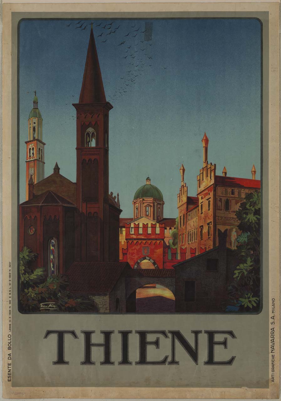 centro storico della città di Thiene con il duomo, il palazzo Colleoni Porto Thiene, l'oratorio della Natività della Vergine e la torre campanaria (manifesto) di Emka (sec. XX)