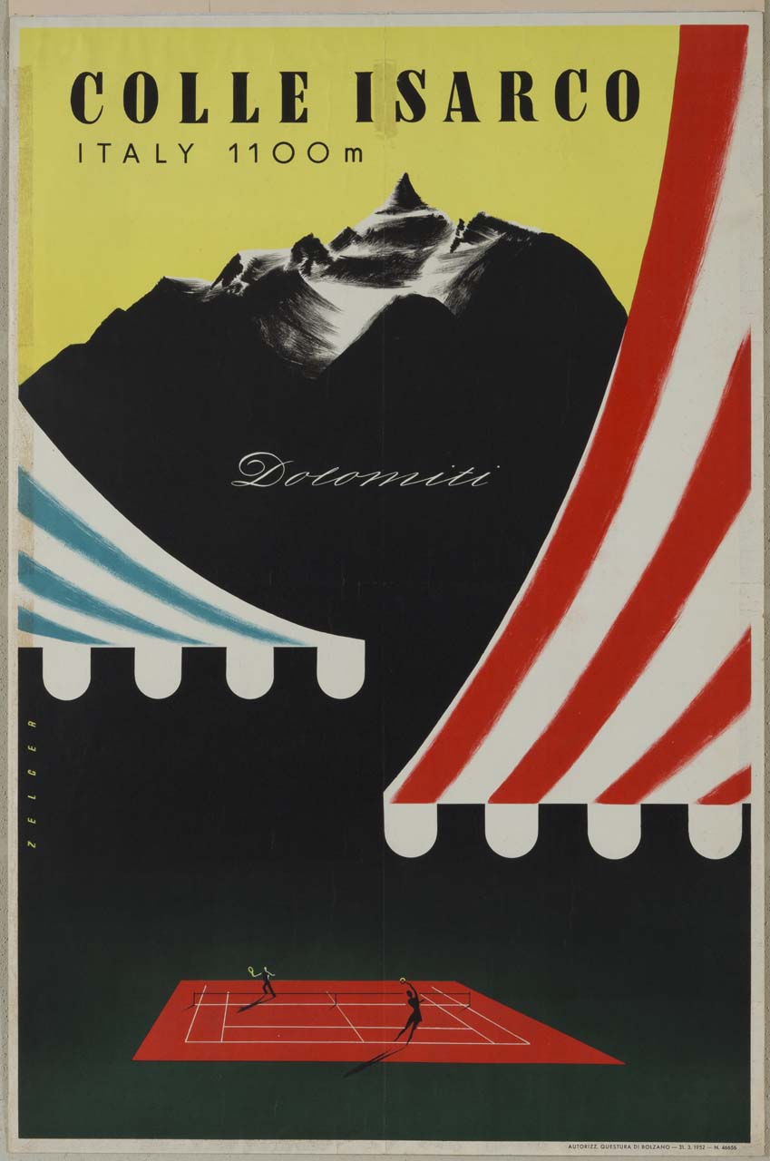 due tende da sole a righe oltre le quali appare un campo da tennis con giocatori, ai piedi delle cime di Ladurns (manifesto) di Zelger Arthur (sec. XX)