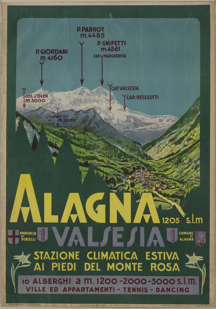 veduta della Valsesia, con la cittadina di Alagna a valle e i picchi del Monte Rosa sullo sfondo, con frecce ed iscrizioni che indicano le località e le altitudini (manifesto) (sec. XX)