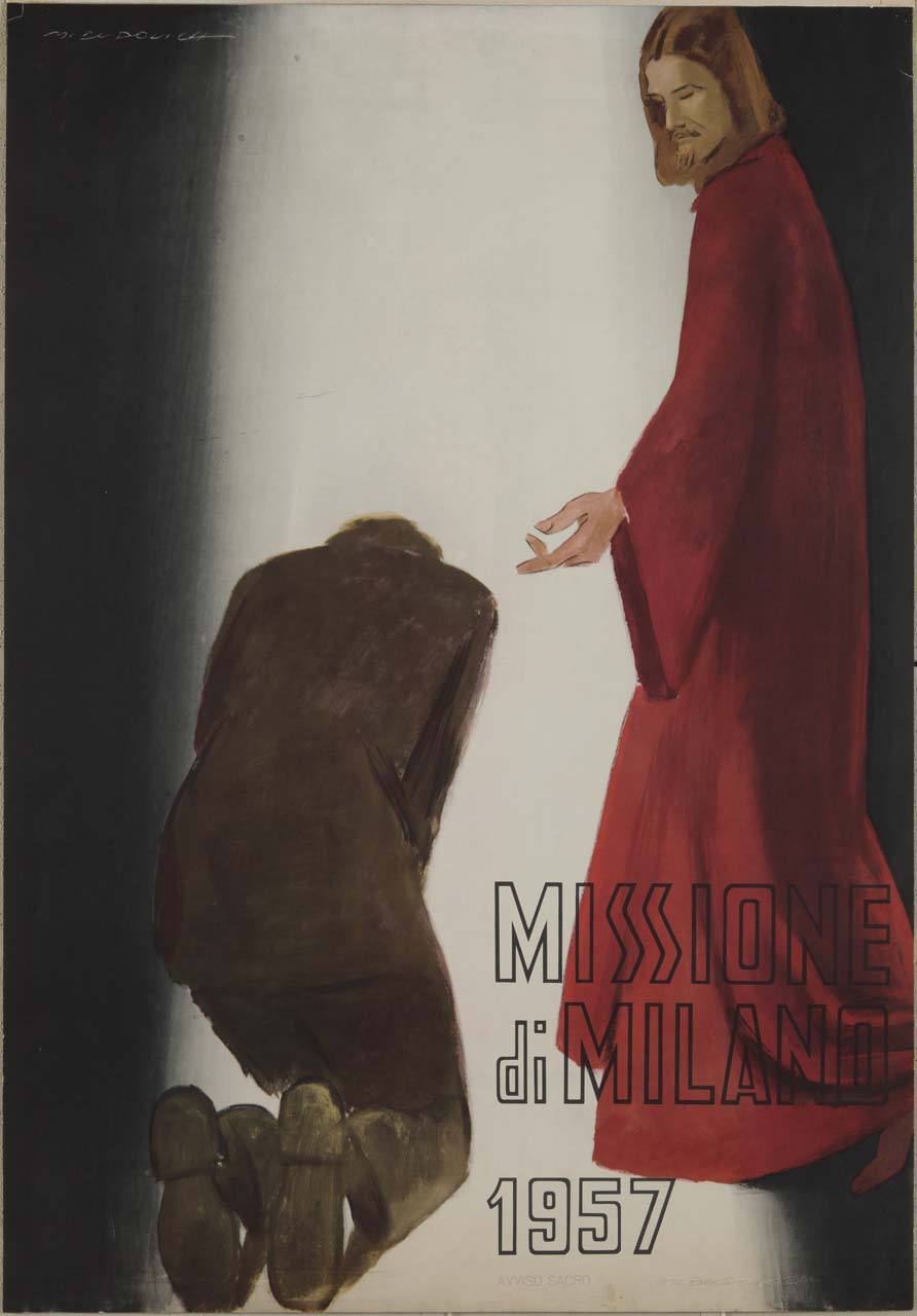 Cristo tende la mano verso un uomo in ginocchio con il capo chino (manifesto) di Dudovich Marcello (sec. XX)