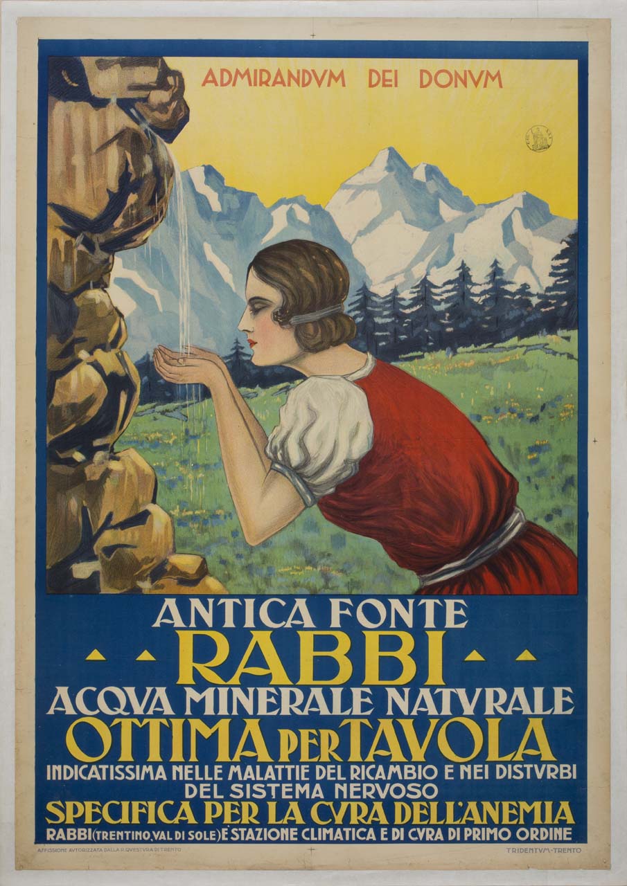 figura femminile che beve acqua da una fonte termale, prati, boschi e montagne innevate sullo sfondo (manifesto) - ambito italiano (sec. XX)
