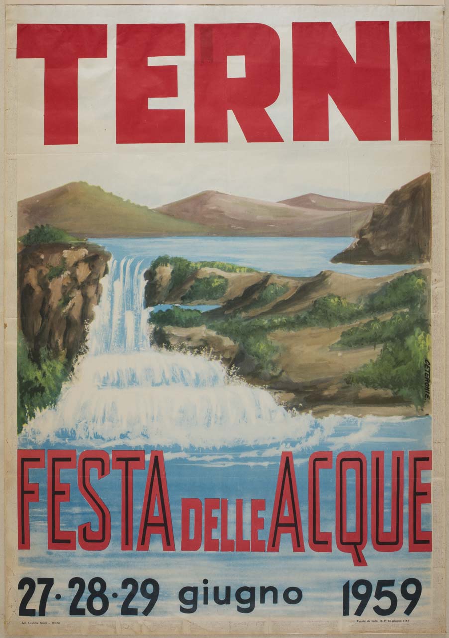 veduta del lago di Piediluco con una cascata (manifesto) di Ceteroni E (sec. XX)