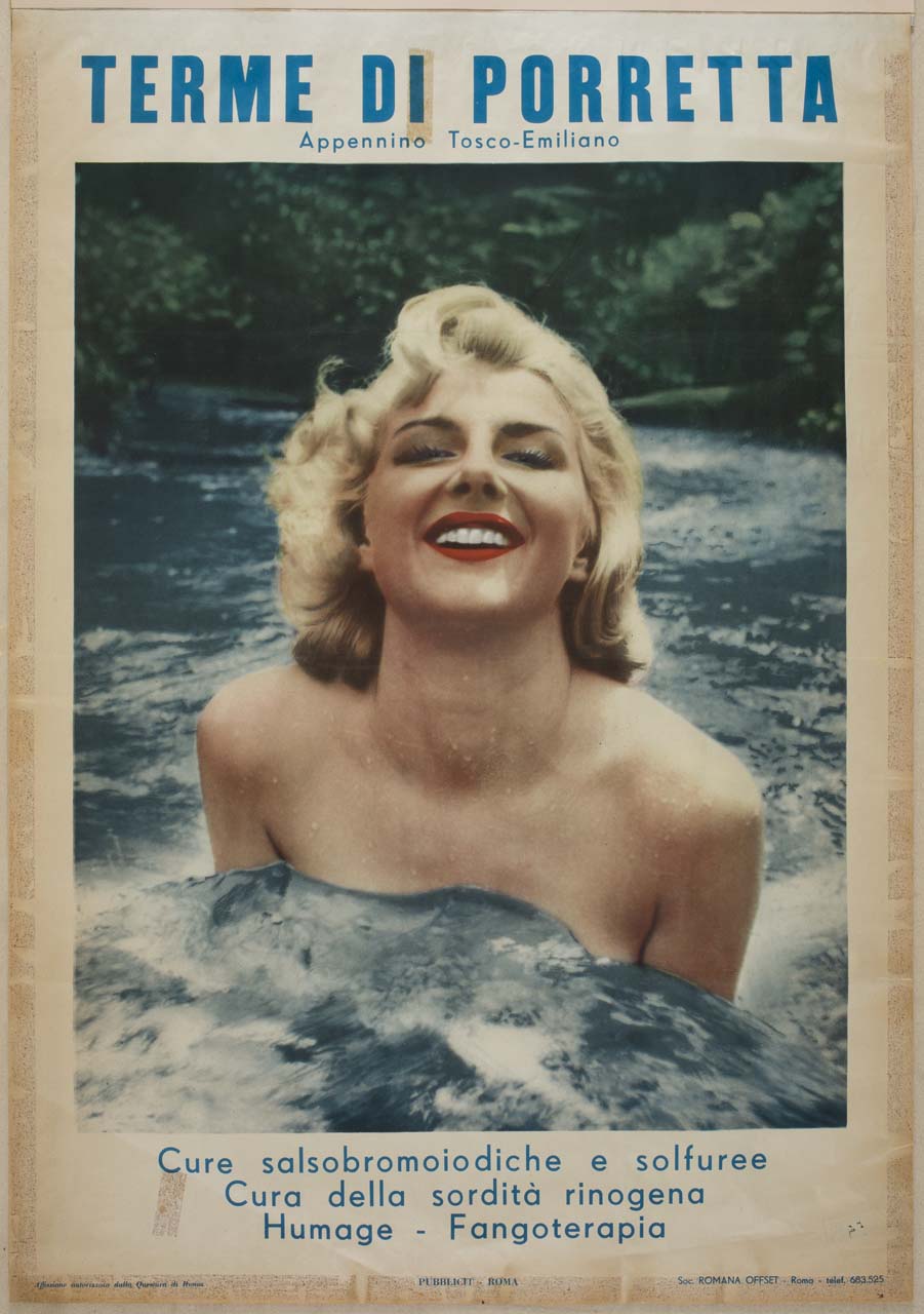 figura femminile sorridente immersa nelle acque termali di Porretta (manifesto) - ambito italiano (sec. XX)