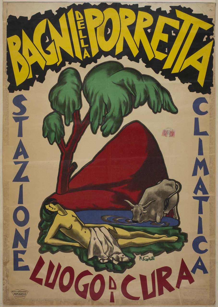 figura femminile seminuda sdraiata su un prato sotto un albero vicino ad una fonte termale da cui si abbevera un bove (manifesto) di Girotti Romolo (sec. XX)