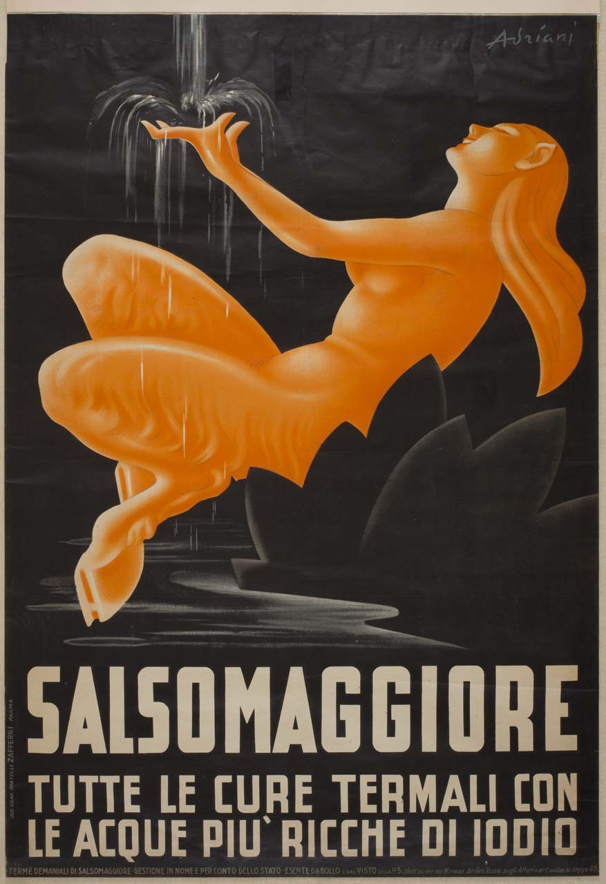 satiro femmina arancione, semisdraiata su una roccia, che gioca con una fonte termale su fondo nero (manifesto) di Adriani Emidio (sec. XX)