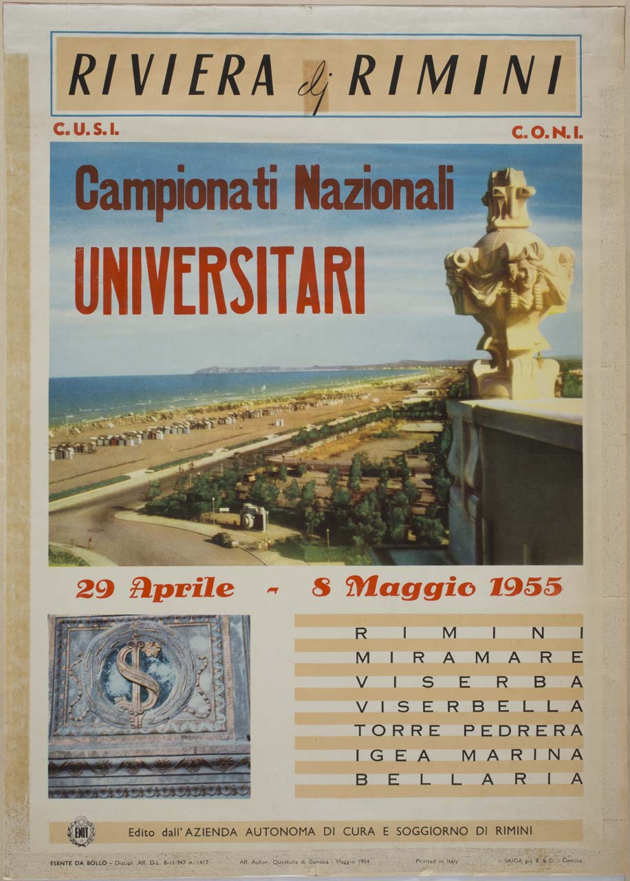 veduta del lungomare di Rimini da una terrazza e dettaglio di un motivo decorativo del Tempio Malatestiano (manifesto) - ambito italiano (sec. XX)