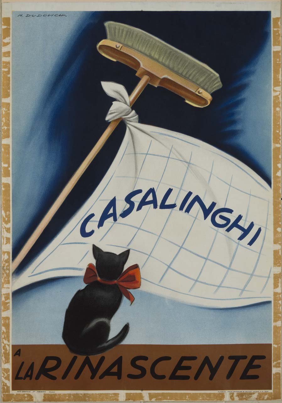 gatto nero con fiocco rosso al collo osserva una tovaglia da tavola legata ad una scopa (manifesto) di Dudovich Marcello (sec. XX)