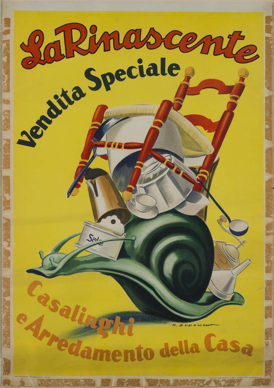 chiocciola trasporta sulla conchiglia una sedia rossa e vari complementi d'arredo (manifesto) di Dudovich Marcello (sec. XX)