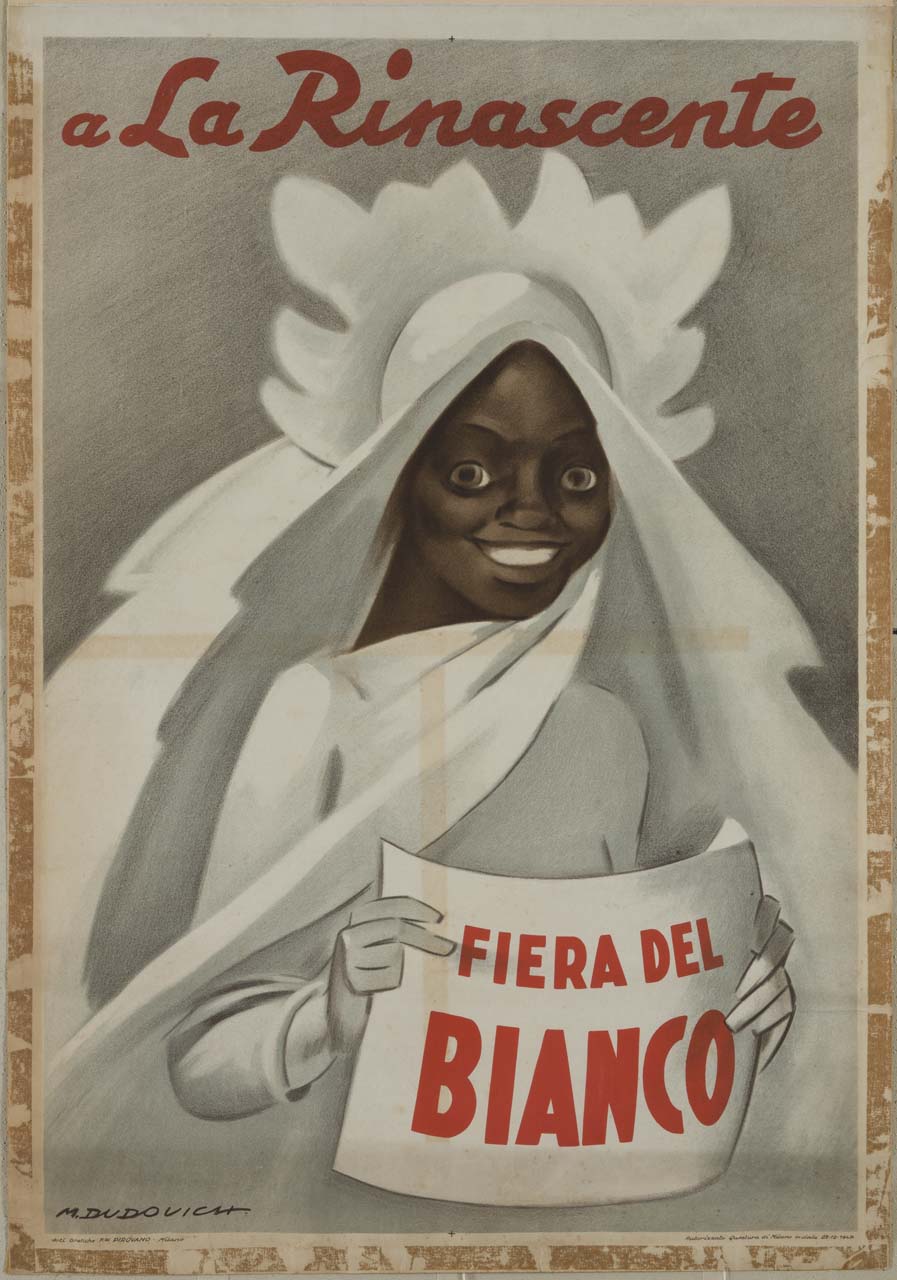 donna di colore sorridente in abito da sposa bianco mostra un volantino pubblicitario (manifesto) di Dudovich Marcello (sec. XX)