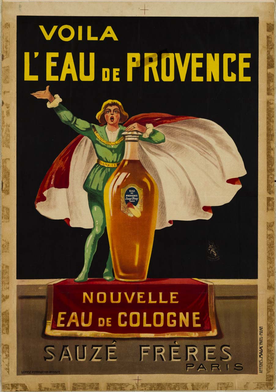 figura maschile in abito verde e mantello rosso con bottiglia (manifesto) di MAGA (sec. XX)