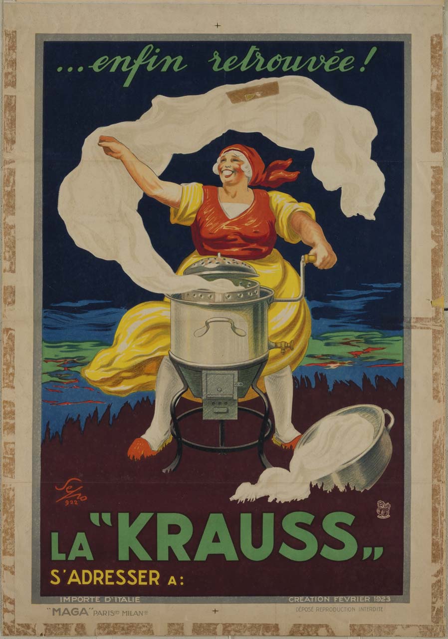 donna sorridente estrae il bucato dalla lavatrice (manifesto) di Pozzati Severo detto Sepo (sec. XX)