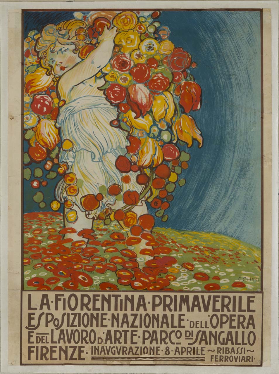 bambina personificazione della Primavera, sparge fiori su un prato (manifesto) di Chini Galileo (sec. XX)