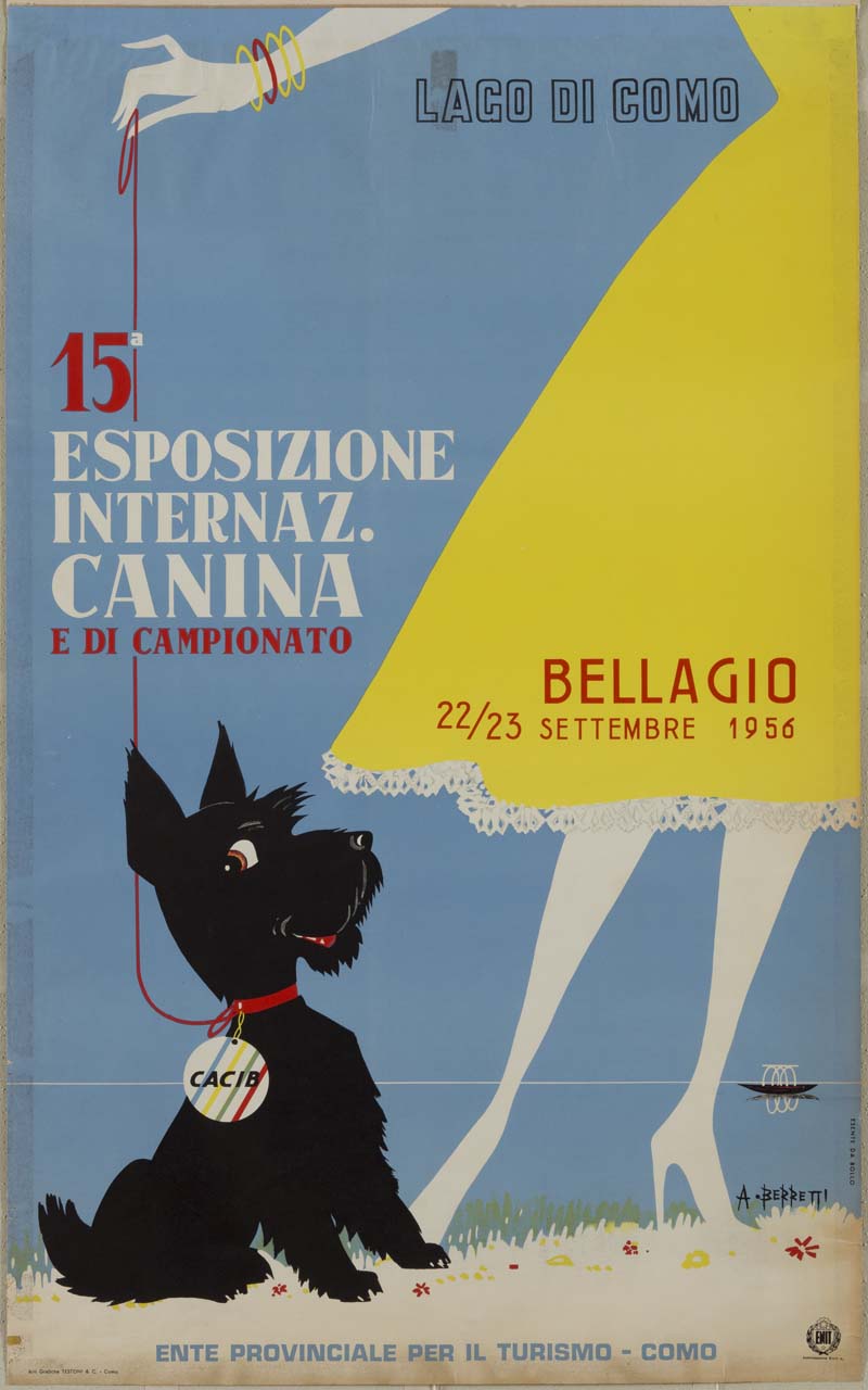 donna in abito giallo tiene al guinzaglio un cane terrier scozzese sulla riva del lago di Como (manifesto) di Berretti Alessandro (XX sec)