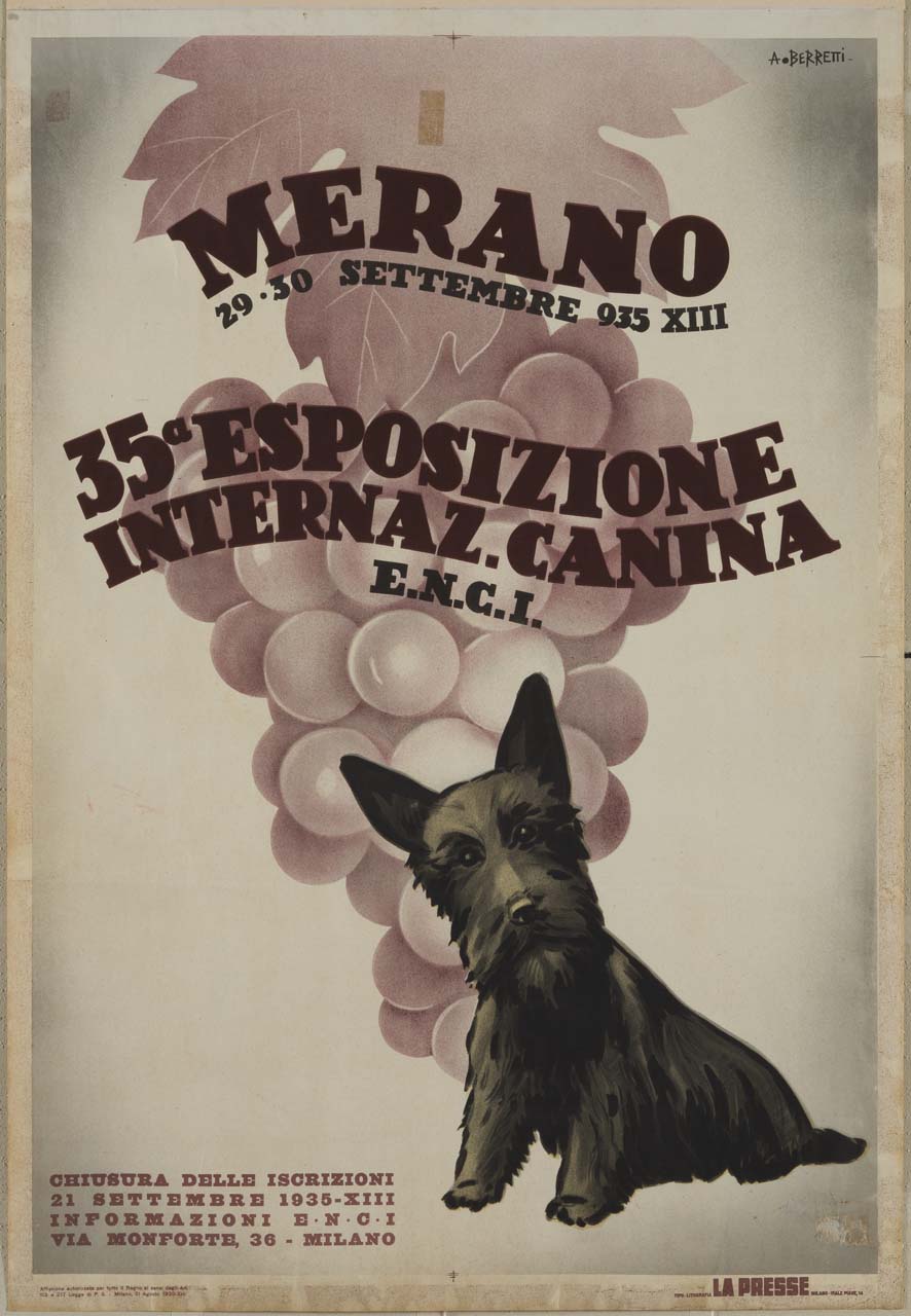 un cane terrier scozzese con sullo sfondo un grappolo d'uva (manifesto) di Berretti Alessandro (sec. XX)