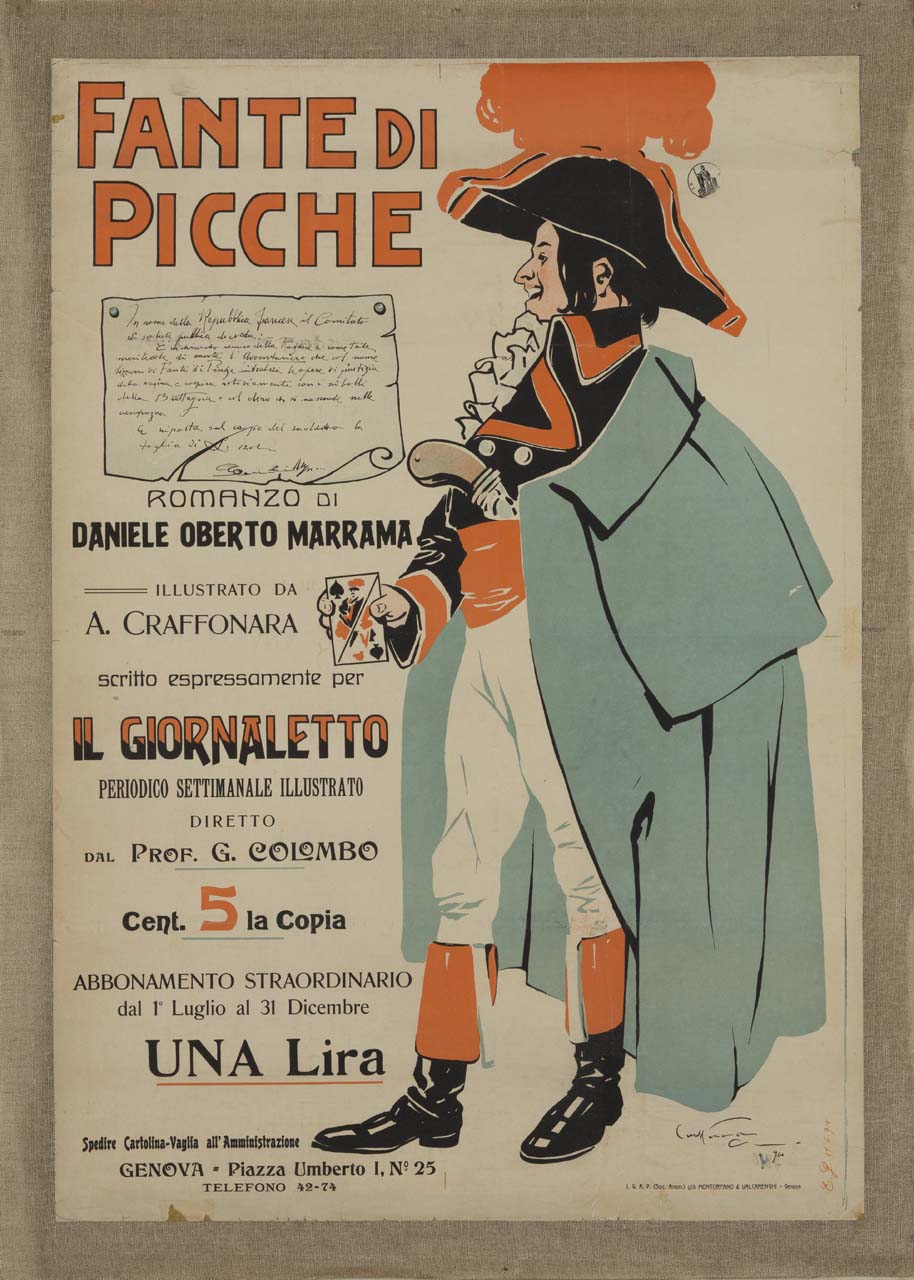 l'avventuriero soprannominato Fante di Picche con in mano l'omonima carta da gioco e una pistola nei pantaloni (manifesto) di Craffonara Aurelio (sec. XX)