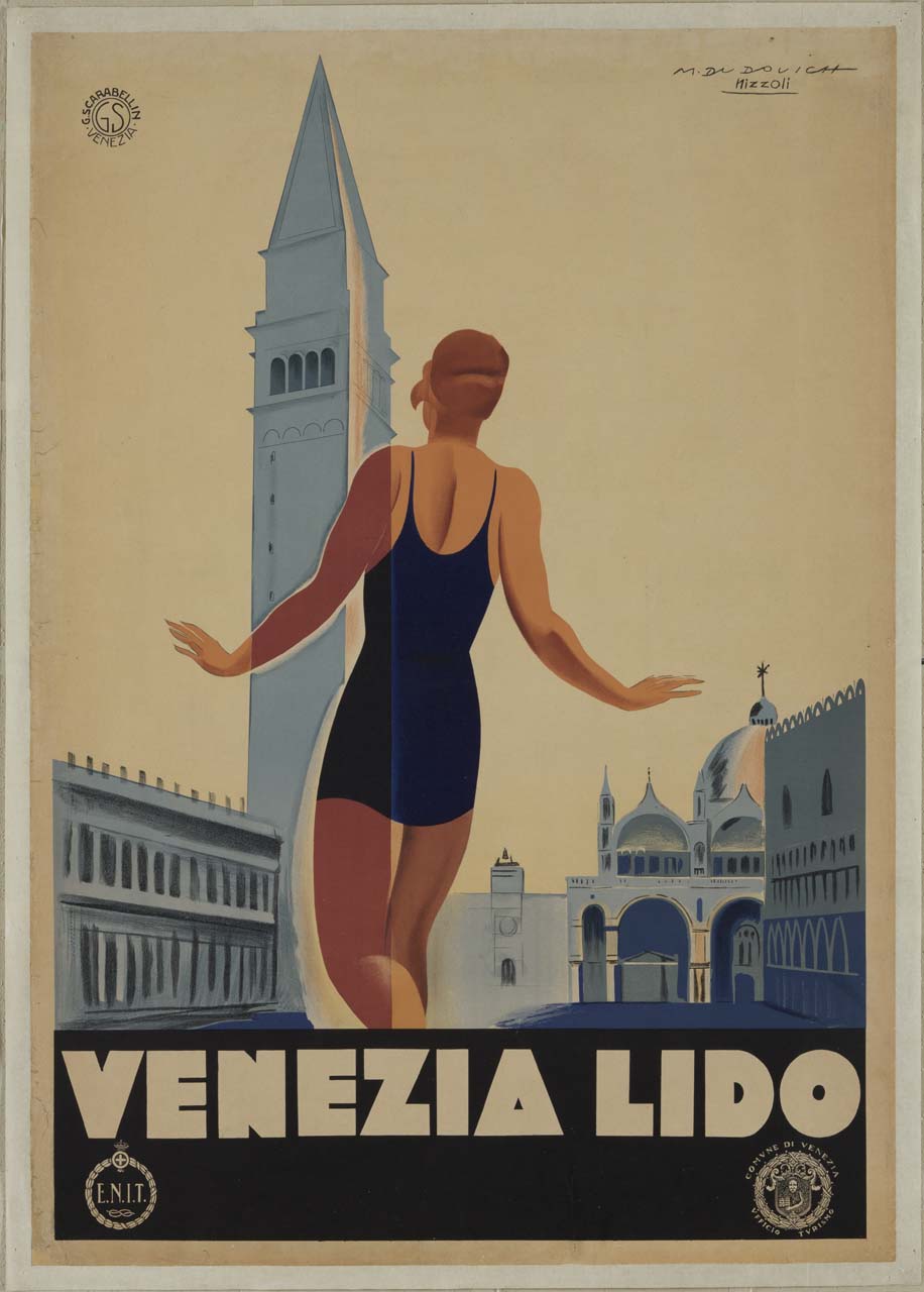 donna di spalle in costume da bagno osserva piazza San Marco a Venezia (manifesto) di Dudovich Marcello, Nizzoli Marcello (sec. XX)