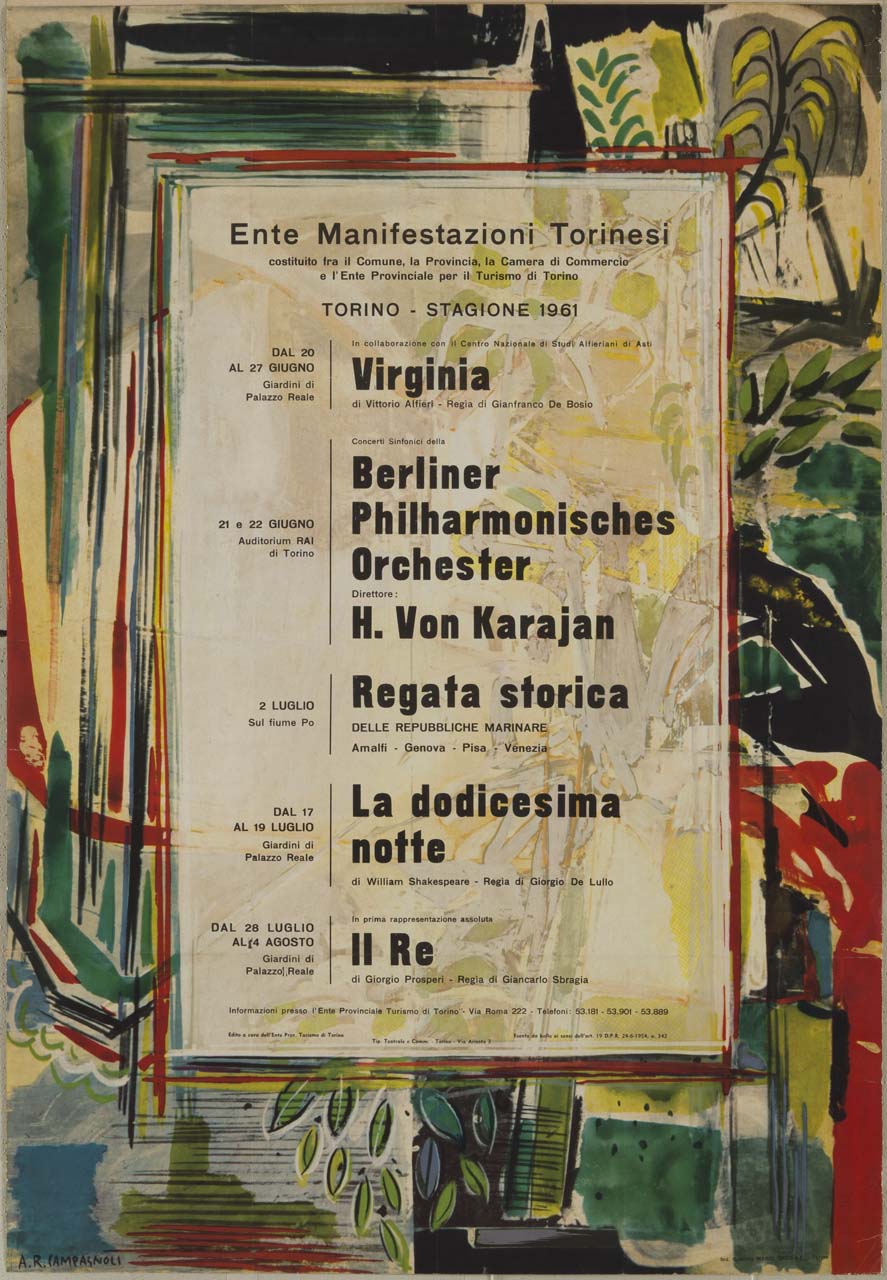 elementi vegetali e campiture astratte di colore (manifesto) di Campagnoli Adalberto (sec. XX)