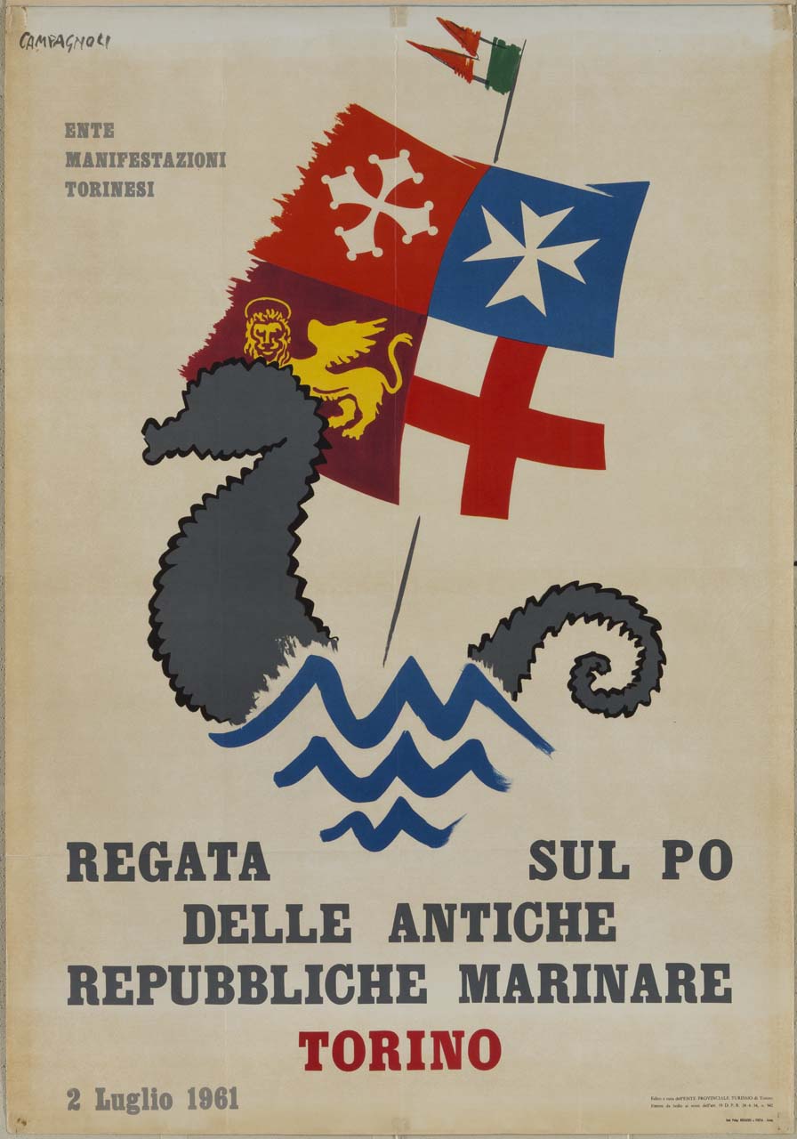 sagoma di cavalluccio marino tra le onde con bandiera delle Repubbliche Marinare sormontata da bandiera della Repubblica Italiana (manifesto) di Campagnoli Adalberto (sec. XX)