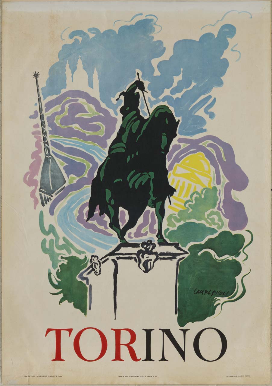 simboli della città di Torino: monumento equestre a Emanuele Filiberto, Mole Antonelliana, fiume Po, chiesa della Gran madre di Dio e Basilica di Superga (manifesto) di Campagnoli Adalberto (sec. XX)