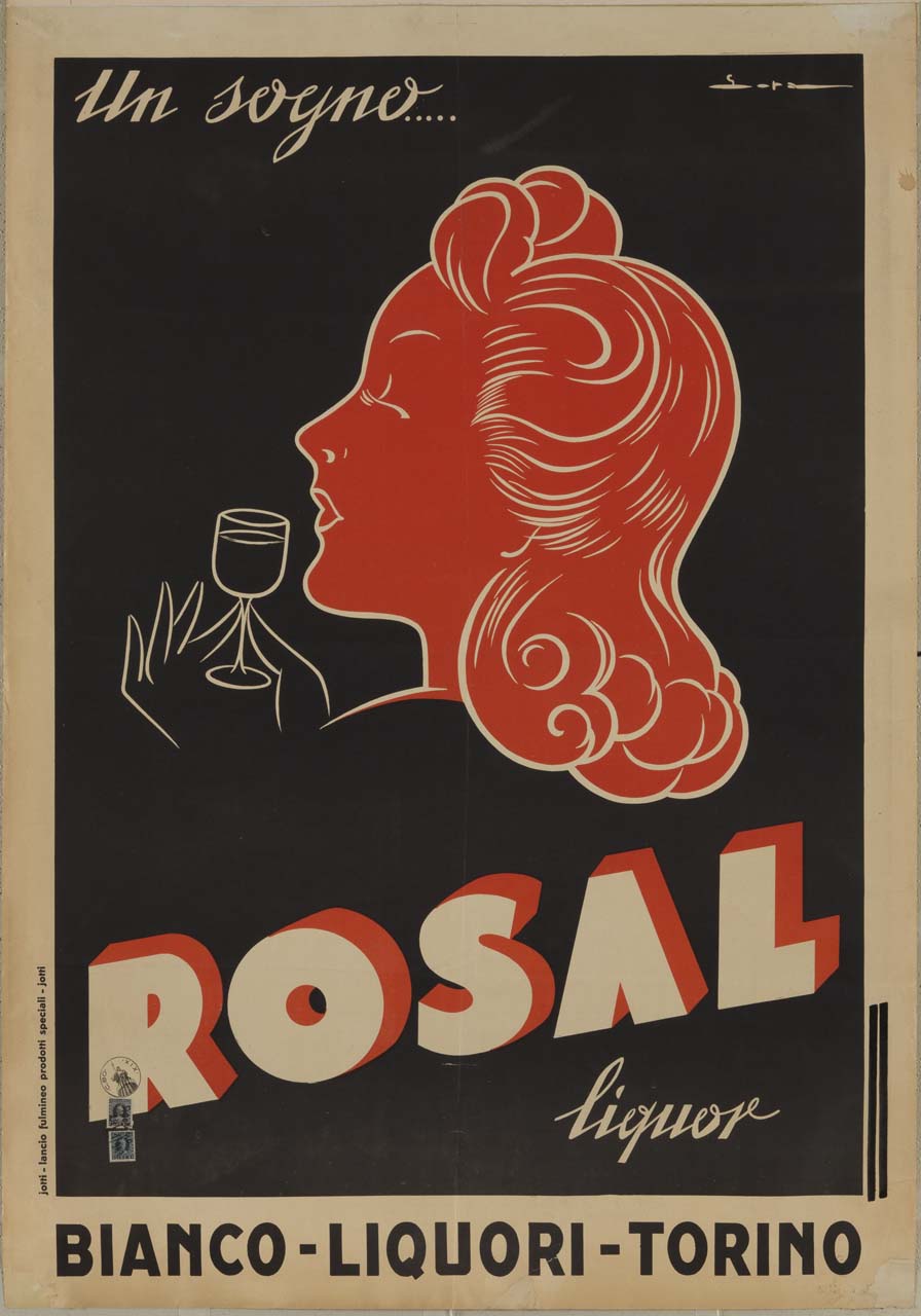 volto femminile di profilo regge in mano bicchierino con liquore (manifesto) di Paradisi Luigi detto Lupa (sec. XX)