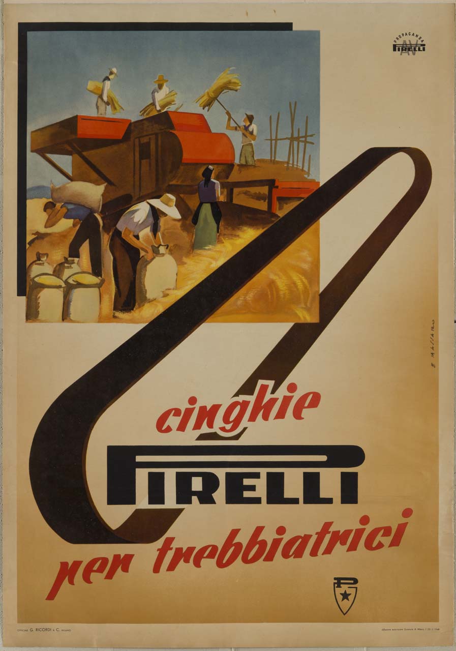 operai al lavoro con trebbiatrice; cinghia in primo piano (manifesto) di Massaro Emilio (sec. XX)