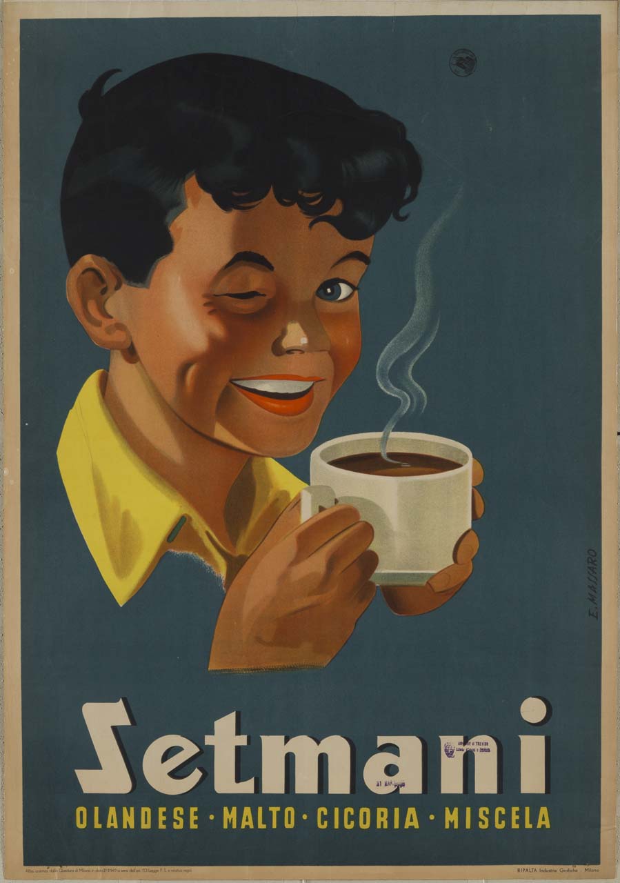 volto di ragazzo sorridente con tazza di orzo (manifesto) di Massaro Emilio (sec. XX)