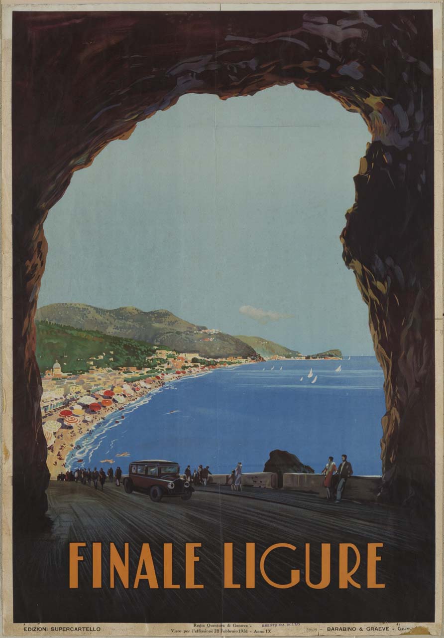 veduta di Finale Marina da Finale Borgo; in primo piano un automobile sta per attraversare una galleria (manifesto) di Craffonara Aurelio (sec. XX)