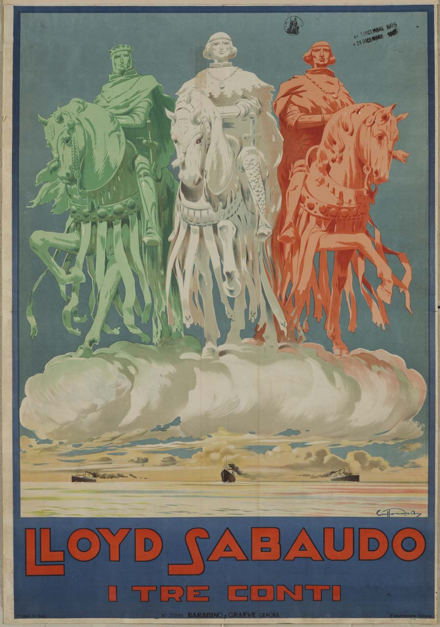 tre conti a cavallo, di colore verde, bianco e rosso, sopra una nuvola sospesa sull'oceano, solcato dalle tre navi omonime: Conte Rosso, Conte Verde, Conte Biancamano (manifesto) di Craffonara Aurelio (sec. XX)