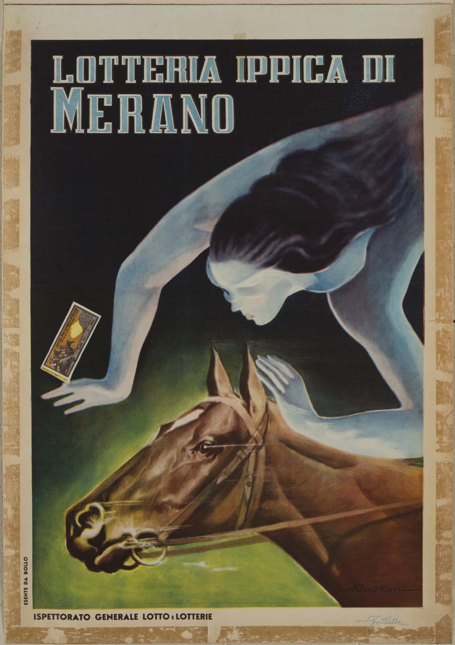figura femminile bendata simbolo della Fortuna, stringe un biglietto della lotteria e salta in groppa a un cavallo (manifesto) di Roveroni Walter (sec. XX)