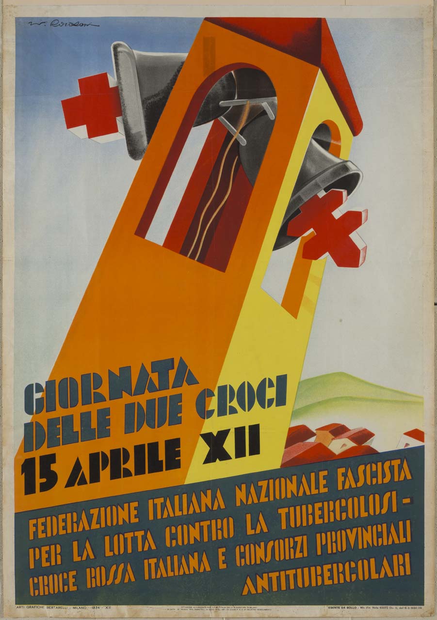 campanile con due campane i cui batacchi sono una croce rossa e due croci rosse sovrapposte (manifesto) di Roveroni Walter (sec. XX)