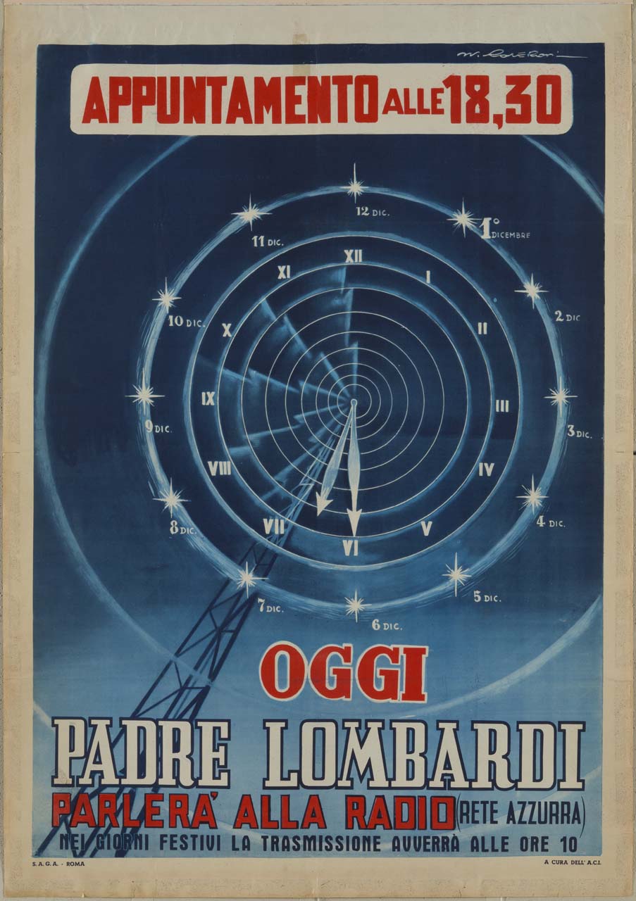 ripetitore radio sulle cui onde è proiettata la data e l'ora del discorso di Padre Riccardo Lombardi (manifesto) di Roveroni Walter (sec. XX)