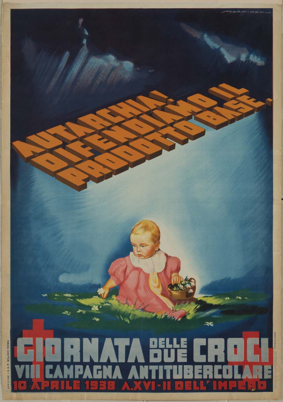 una bambina seduta su un prato raccoglie dei fiori che ripone in un cestino, mentre incombe un temporale (manifesto) di Martinati Luigi (sec. XX)