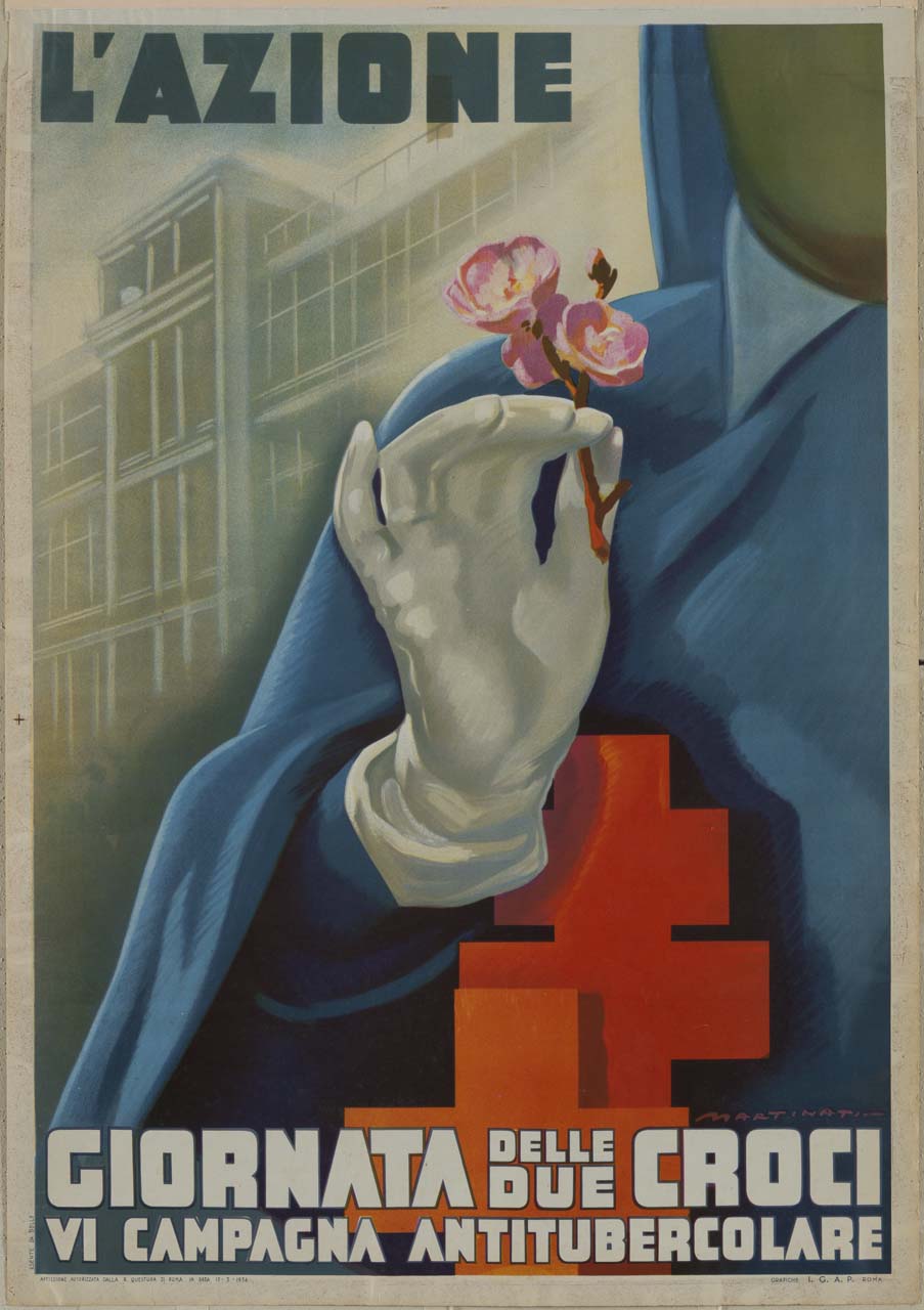crocerossina in divisa estiva azzurra e guanto bianco tiene in mano un fiore di pesco davanti a un sanatorio (manifesto) di Martinati Luigi (sec. XX)