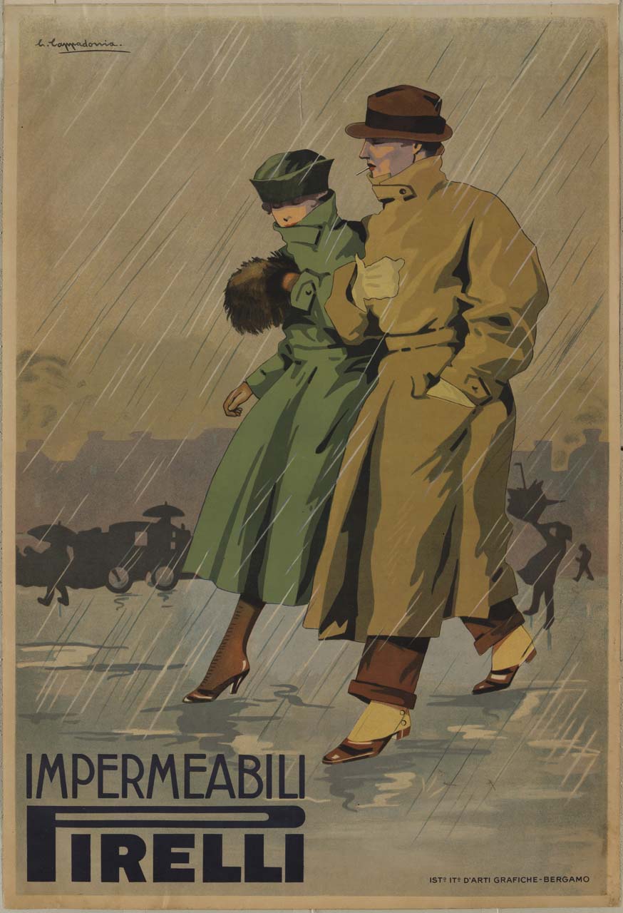 donna e uomo in impermeabile camminano sotto la pioggia (manifesto) di Cappadonia Giuseppe (sec. XX)