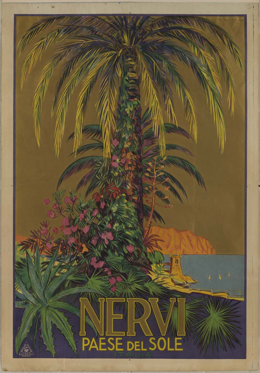 vista dalla scogliera di Nervi su Torre Gropallo (manifesto) di Caldanzano Luigi Emilio (sec. XX)