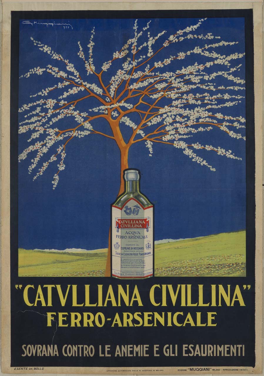 un ciliegio fiorito davanti al quale è una bottiglia di acqua (manifesto) di Muggiani Giorgio (sec. XX)