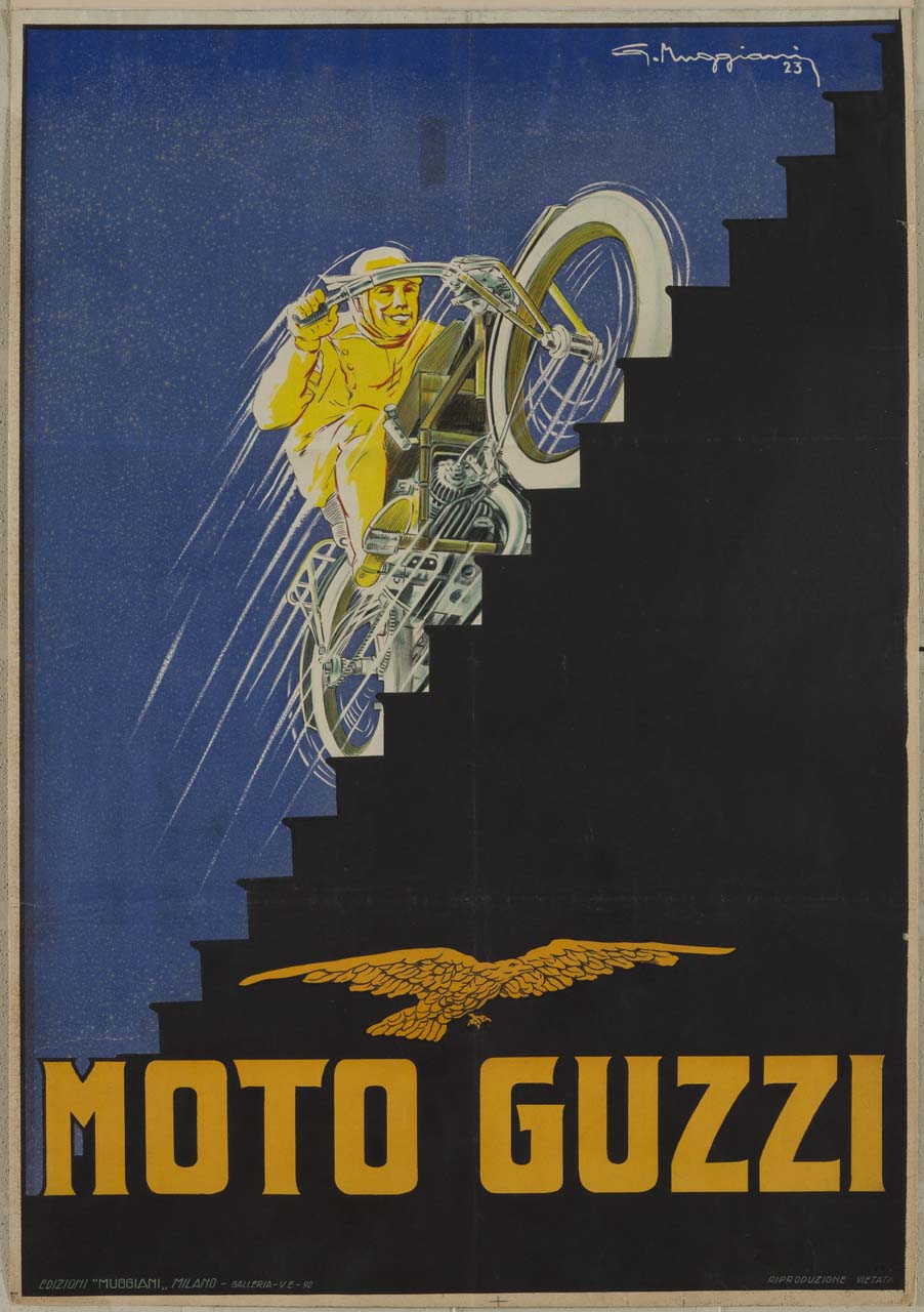 il pilota Giovanni Ravelli in sella a una motocicletta percorre una scala (manifesto) di Muggiani Giorgio (sec. XX)