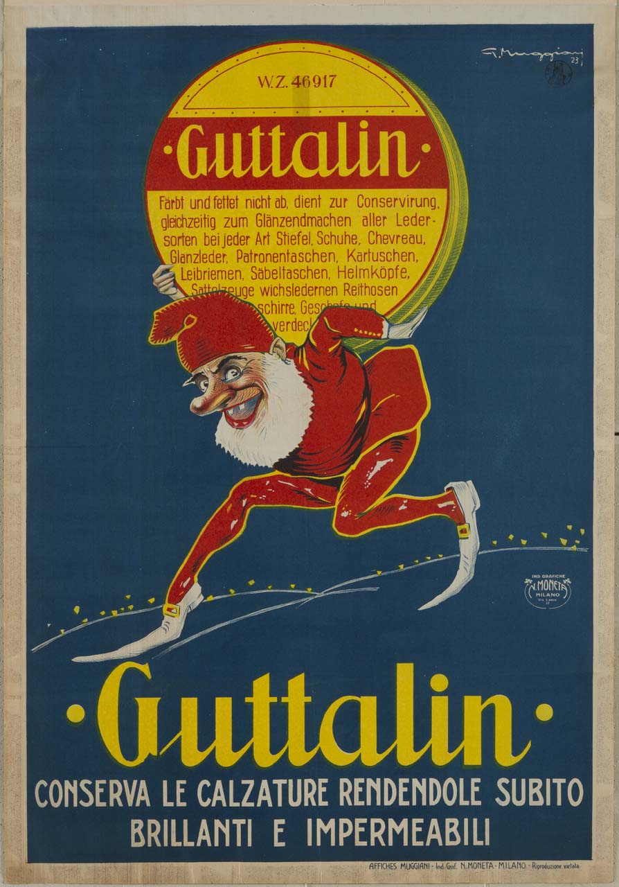 un folletto regge sulla schiena una scatola di Guttalin (manifesto) di Muggiani Giorgio (sec. XX)