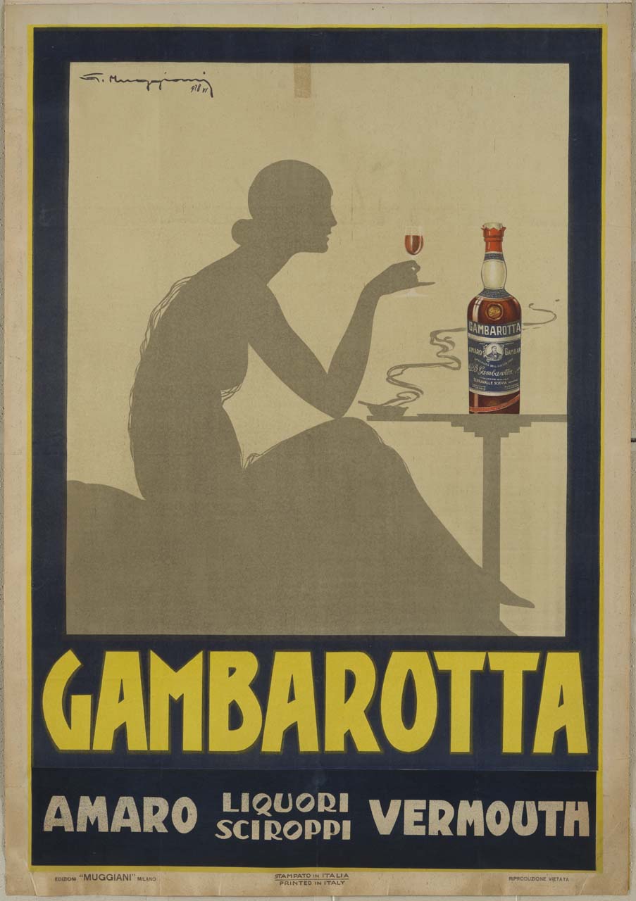silhouette femminile seduta ad un tavolo regge un bicchierino dell'amaro appaggiato al tavolo (manifesto) di Muggiani Giorgio (sec. XX)